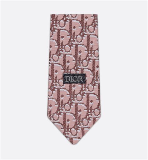 Dior Oblique Pixel Tie Pink, Burgundy and Beige Silk 